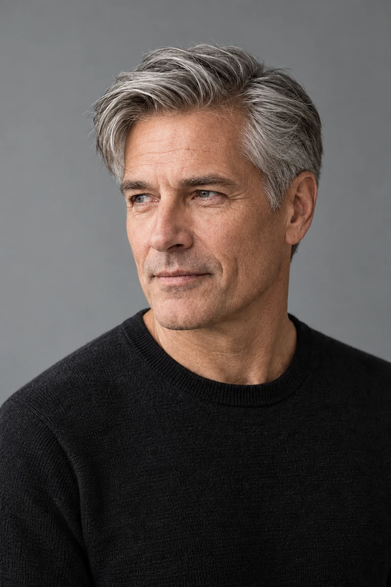 Man with a silver scissor-cut side sweep