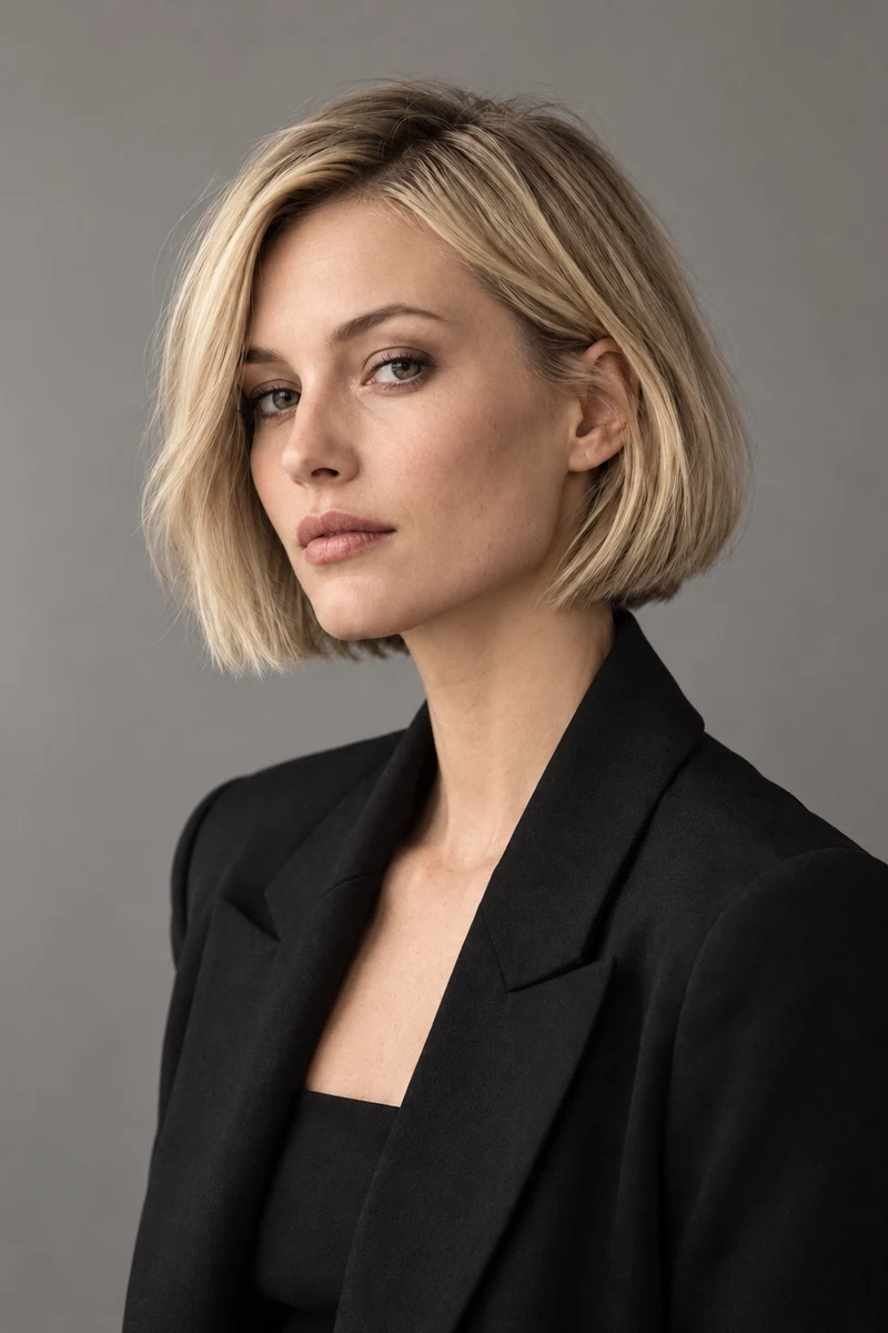 Woman with a chin-length light blonde bob