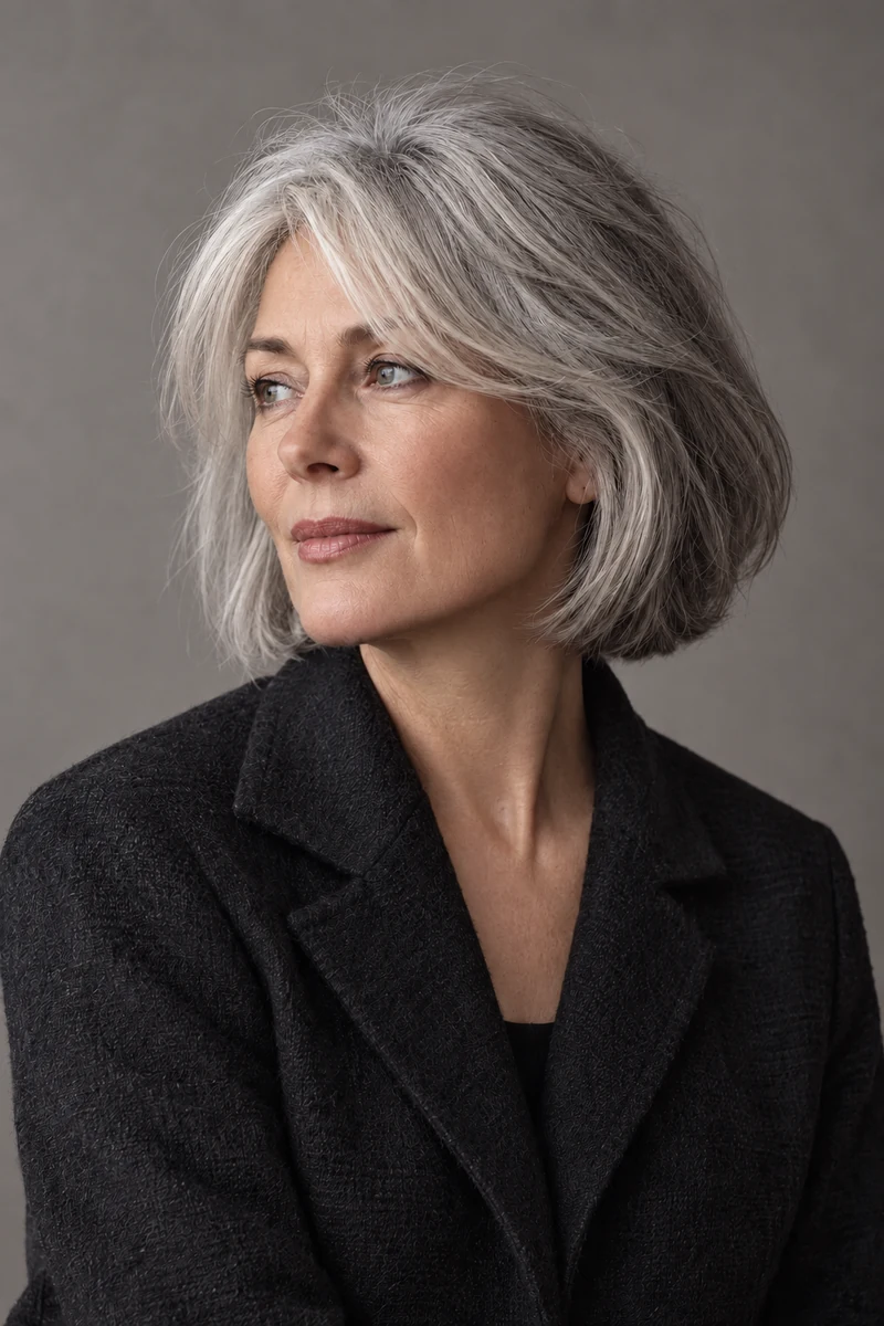 Woman with a silver layered bob