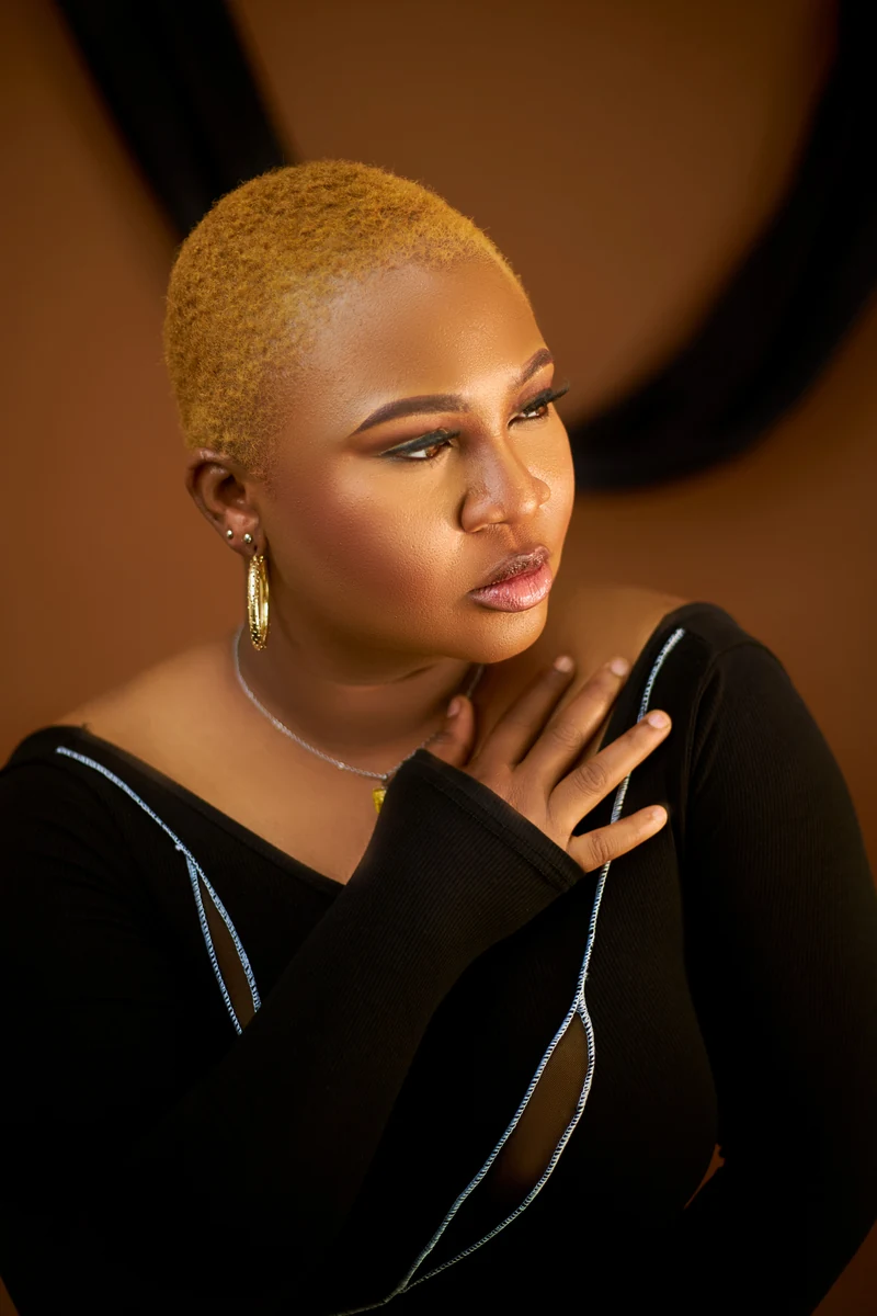 Studio fashion portrait with short blonde hair