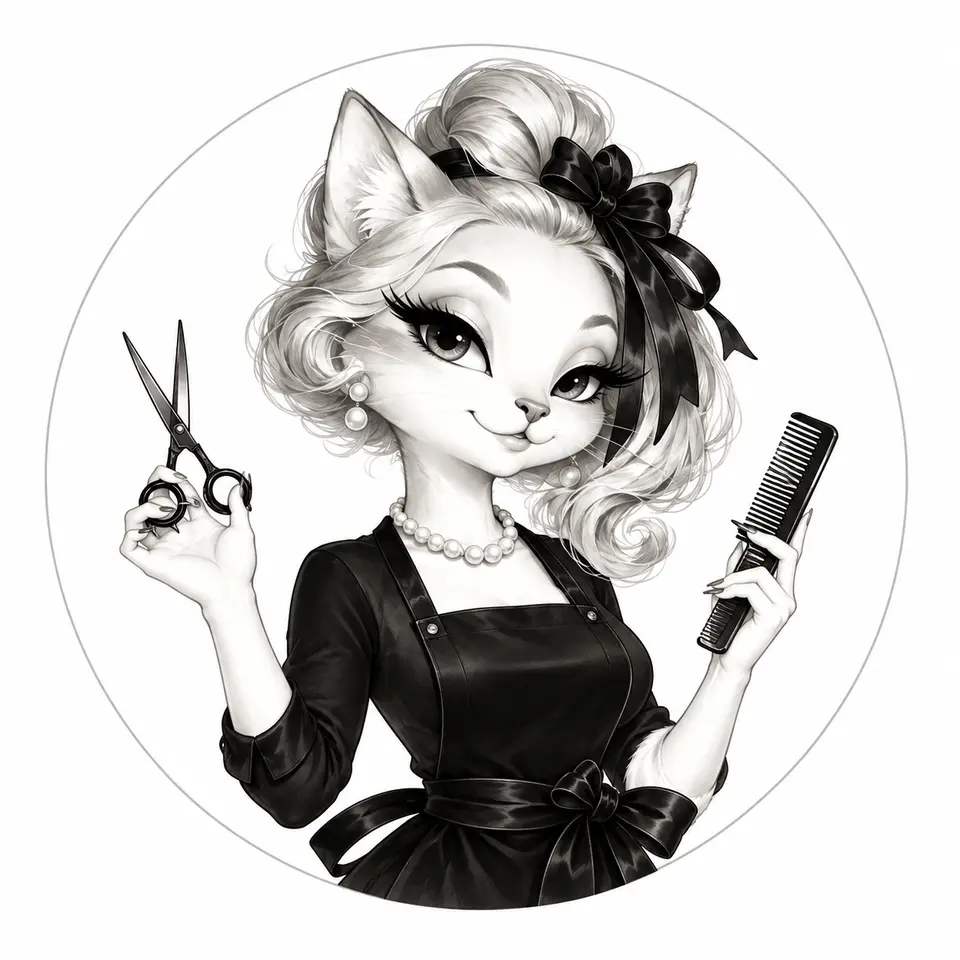 Gloria’s black-and-white cat stylist illustration