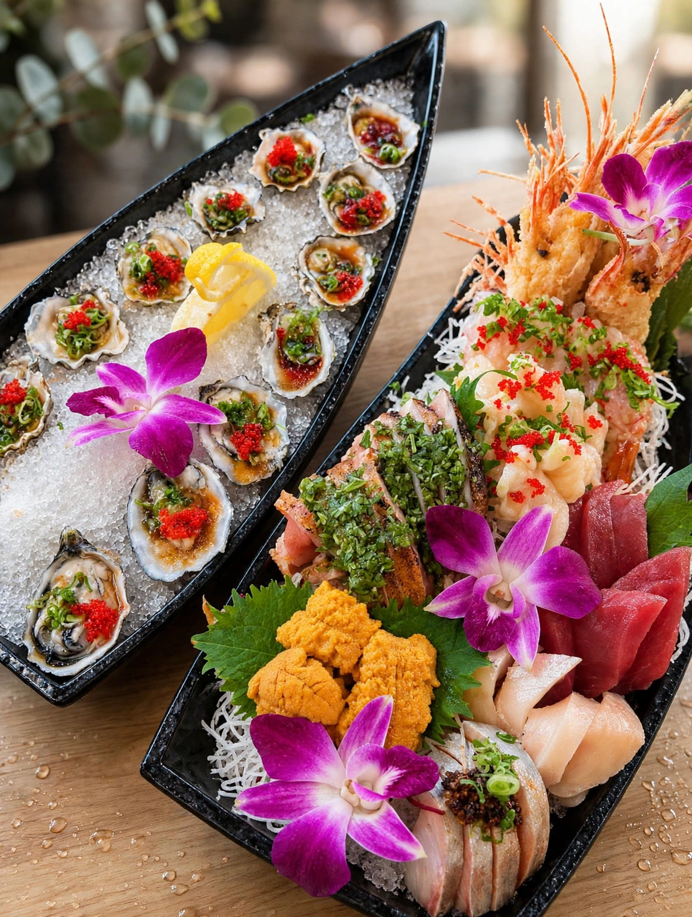 Seafood and sashimi presentation with oysters and purple orchids