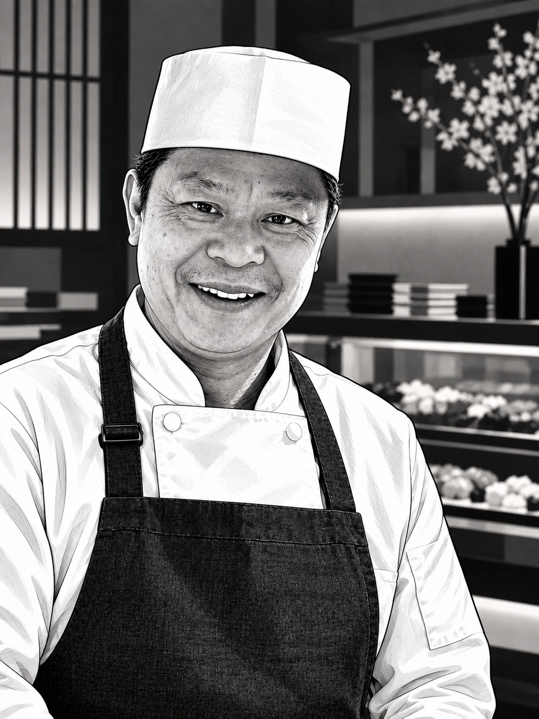 Black-and-white illustrated portrait of Red Sake’s owner in chef hat and apron