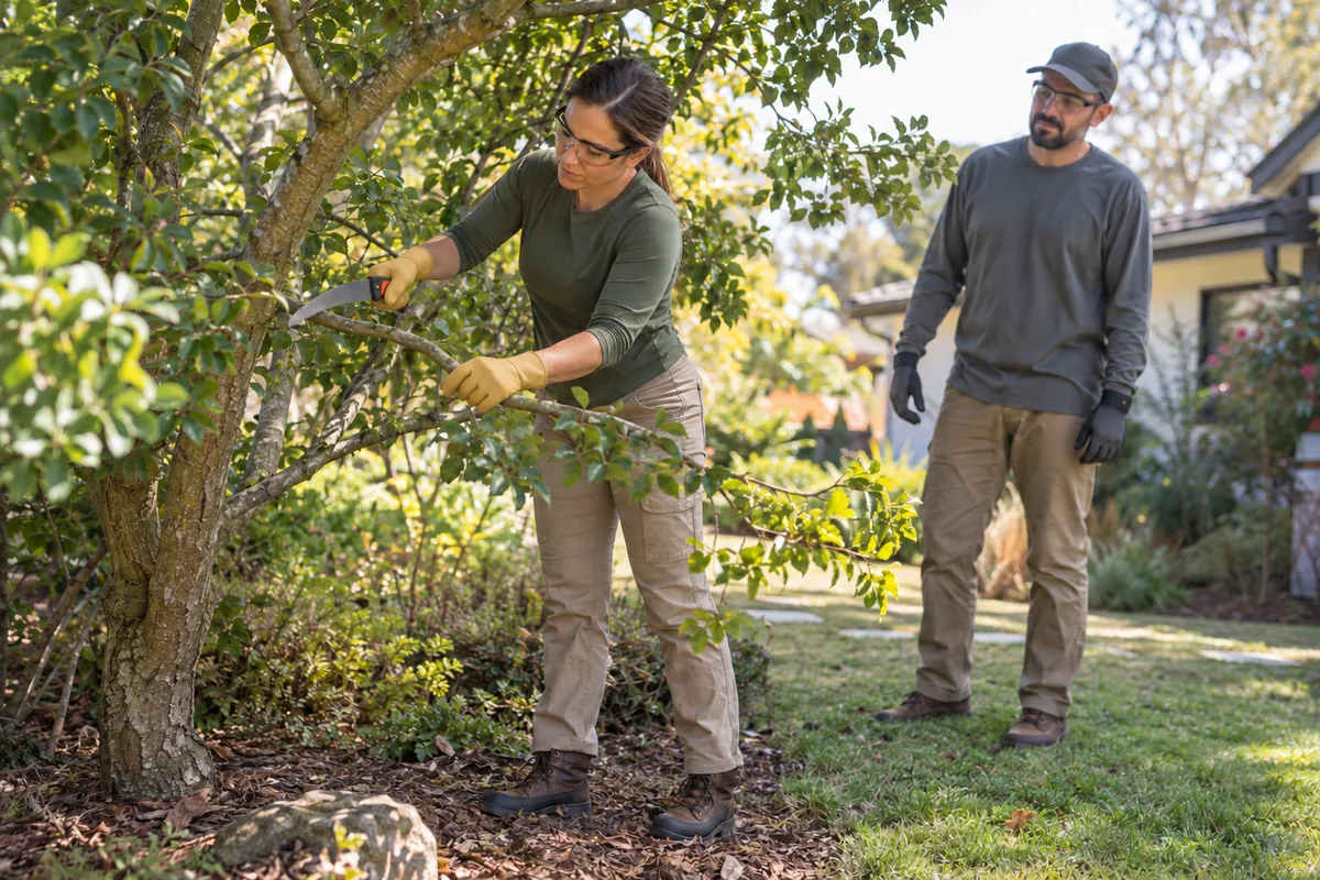 AI-generated tree concept: ground-level pruning with fictional adults; not actual business staff