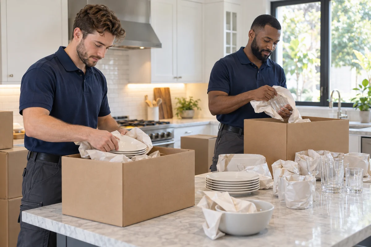 AI-generated moving concept: careful packing with fictional adults; not actual business staff