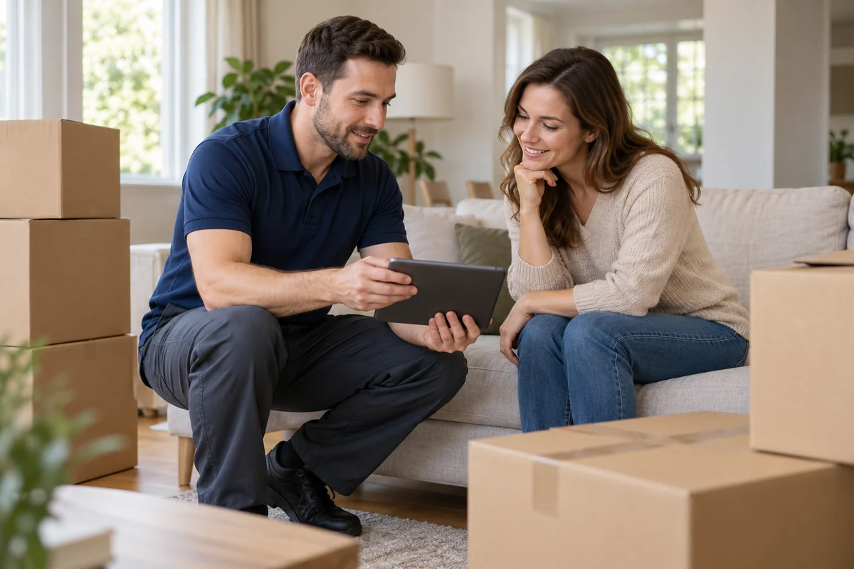 AI-generated moving concept: planning the move with fictional adults; not actual business staff