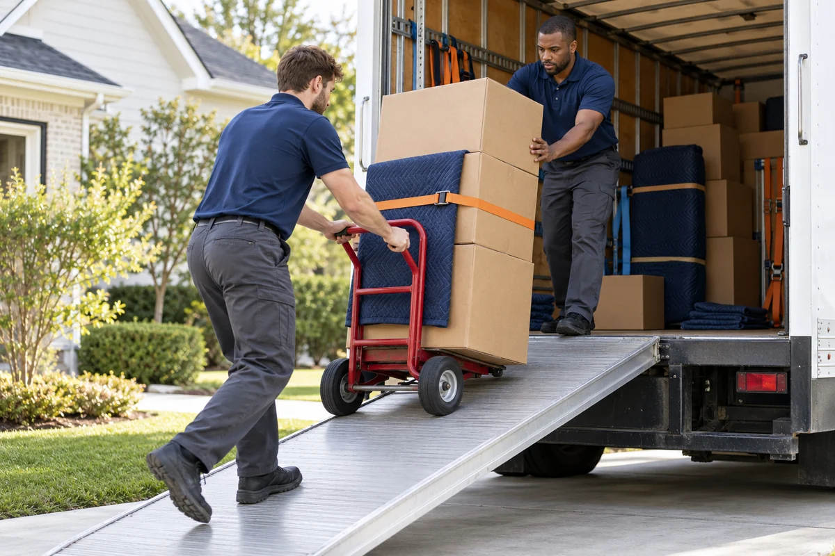 AI-generated moving concept: loading with care with fictional adults; not actual business staff