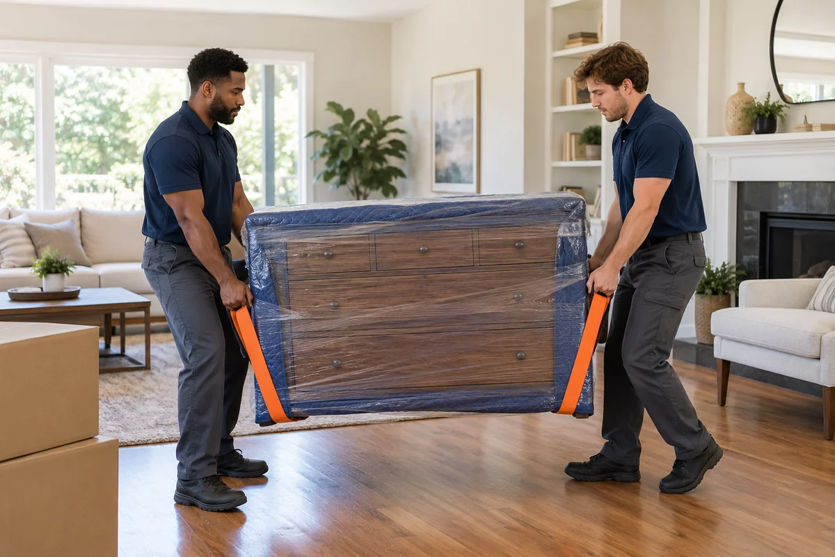 AI-generated moving concept: furniture protection with fictional adults; not actual business staff