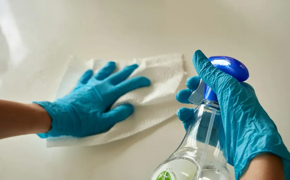Boardwalk Cleaners · Gloved hands preparing a spray and cloth — illustrative stock photograph 6