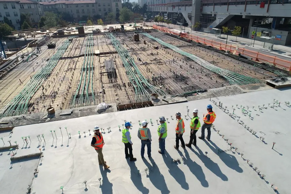 Brasstech, Inc. · Construction team meeting at a large building site — illustrative stock photograph 3