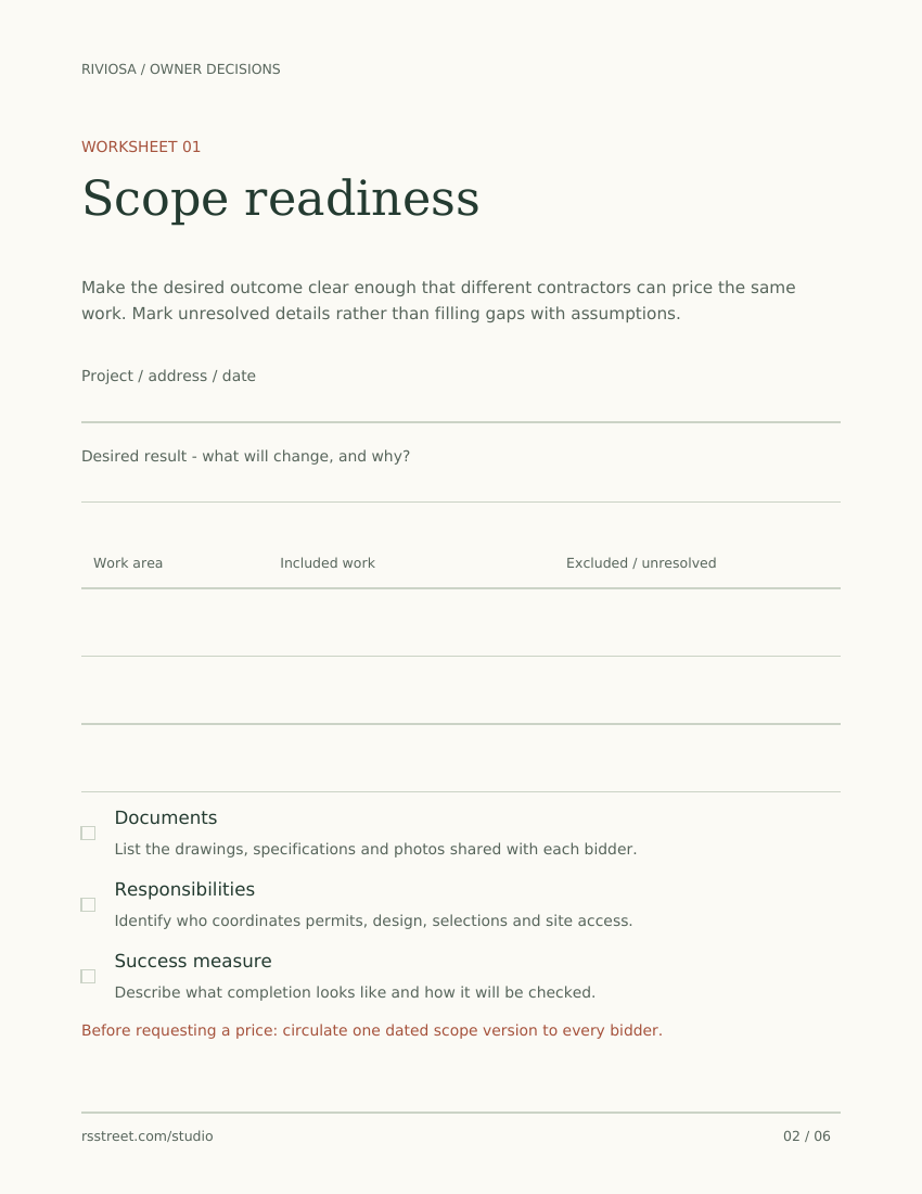 Scope readiness worksheet with spaces for included work, exclusions, documents and responsibilities