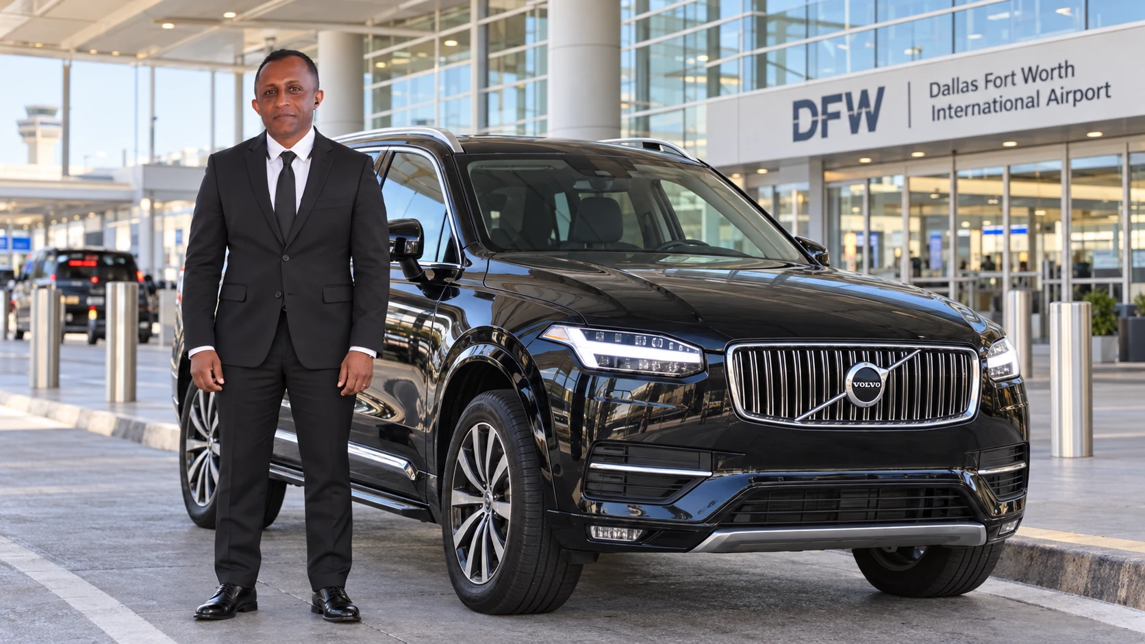 Portrait illustration of Yohannes beside a black Volvo SUV at DFW Airport