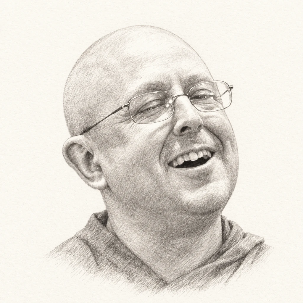 Graphite pencil portrait illustration of Ajahn Brahm