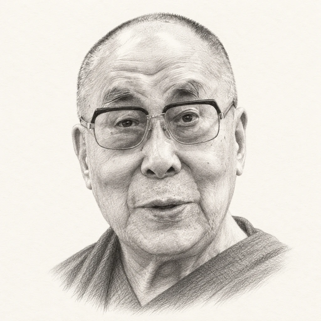 Graphite pencil portrait illustration of The Dalai Lama
