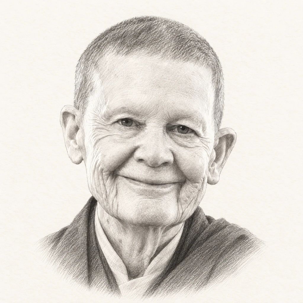 Graphite pencil portrait illustration of Pema Chödrön