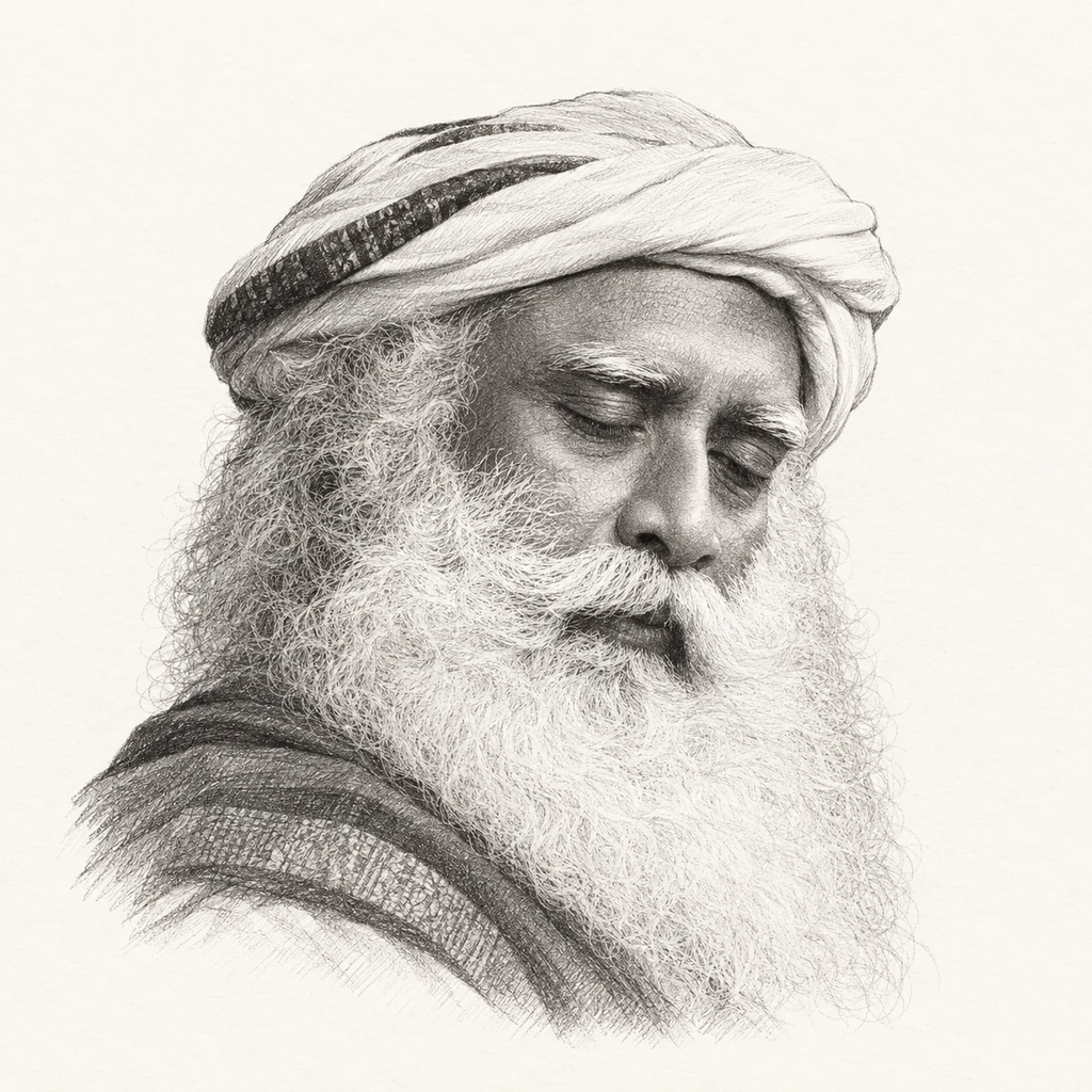 Graphite pencil portrait illustration of Sadhguru